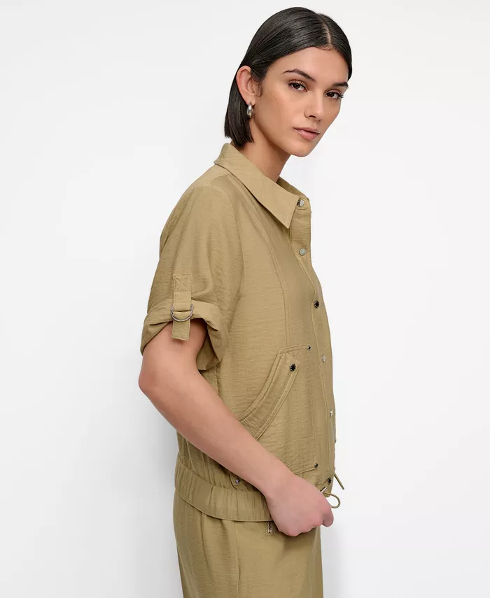 DKNY Women's Snap-Front Roll-Tab Short-Sleeve Jacket Women's Fashion Shoes & Accessories
