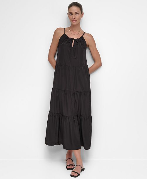 DKNY Women's Tiered Maxi Dress Swim Cover-Up Women's Fashion Shoes & Accessories
