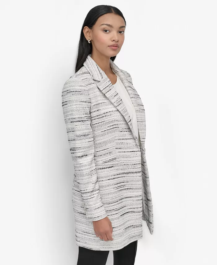 DKNY Women's Tweed Notch-Collar One-Button Long Blazer Women's Fashion Shoes & Accessories