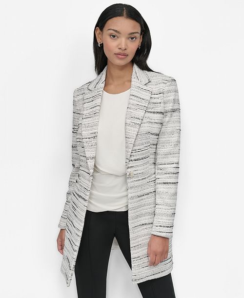 DKNY Women's Tweed Notch-Collar One-Button Long Blazer Women's Fashion Shoes & Accessories