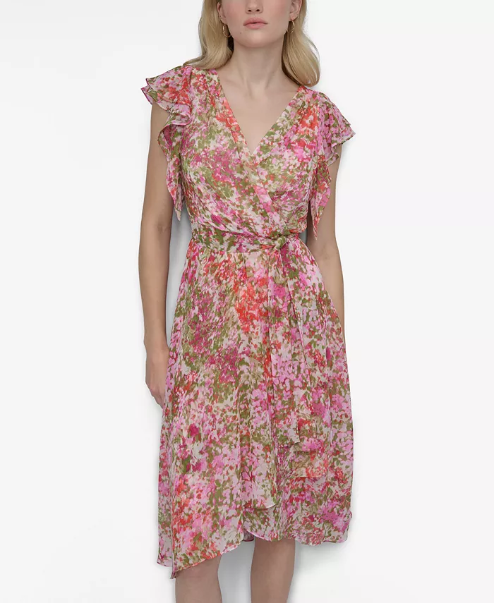 DKNY Women's V-Neck Flutter-Sleeve Faux-Wrap Dress Women's Fashion Shoes & Accessories