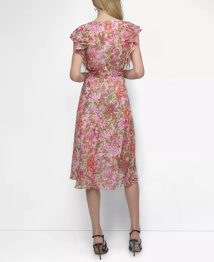 DKNY Women's V-Neck Flutter-Sleeve Faux-Wrap Dress Women's Fashion Shoes & Accessories