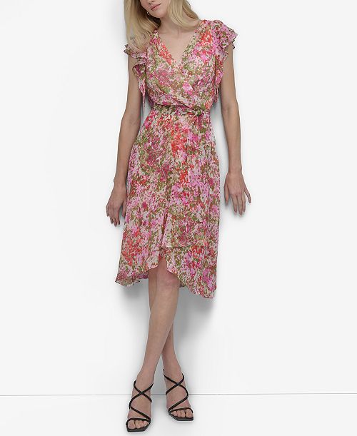 DKNY Women's V-Neck Flutter-Sleeve Faux-Wrap Dress Women's Fashion Shoes & Accessories