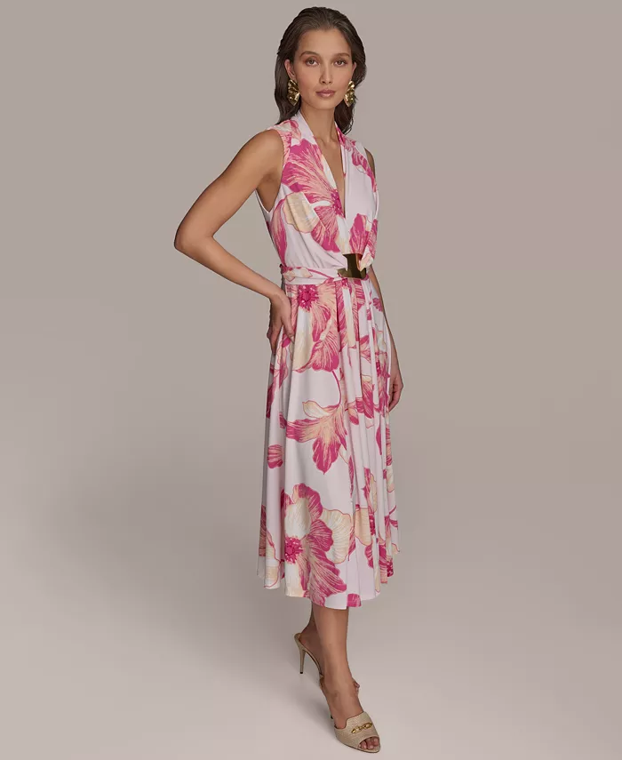 Donna Karan New York Petite Floral-Print Belted Midi Dress Women's Fashion Shoes & Accessories