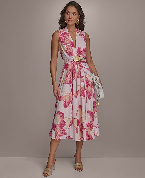 Donna Karan New York Petite Floral-Print Belted Midi Dress Women's Fashion Shoes & Accessories