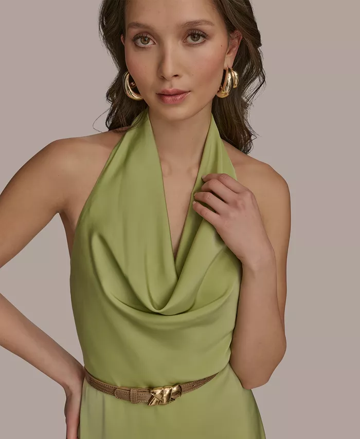 Donna Karan New York Petite Satin Belted Cowlneck Midi Dress Women's Fashion Shoes & Accessories