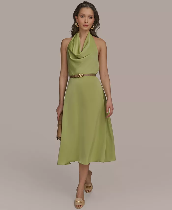 Donna Karan New York Petite Satin Belted Cowlneck Midi Dress Women's Fashion Shoes & Accessories