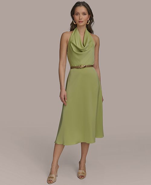 Donna Karan New York Petite Satin Belted Cowlneck Midi Dress Women's Fashion Shoes & Accessories