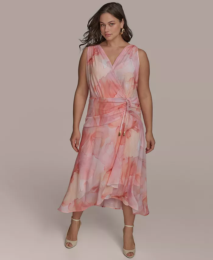 Donna Karan New York Plus Size Floral-Print Surplice Midi Dress Women's Fashion Shoes & Accessories