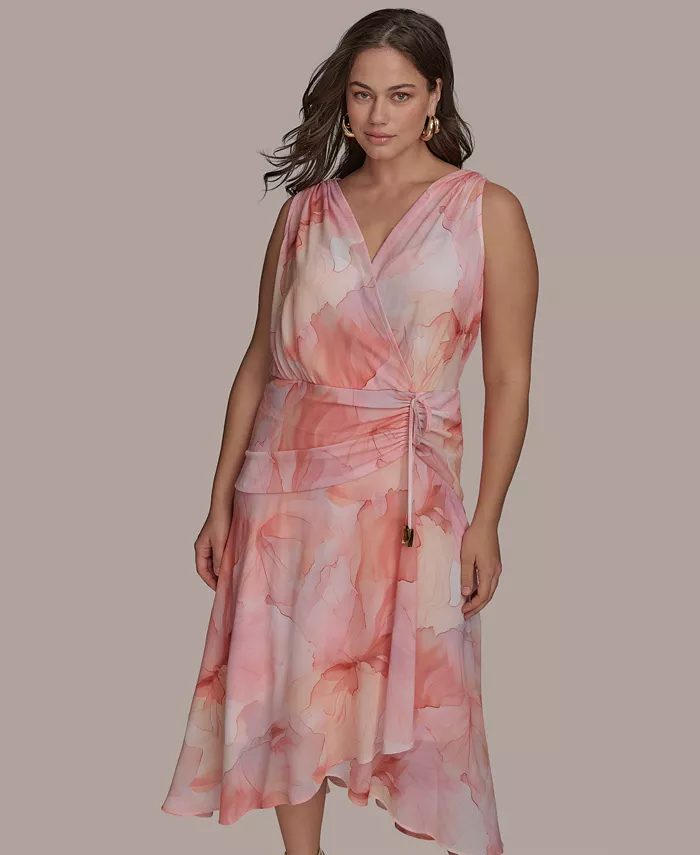 Donna Karan New York Plus Size Floral-Print Surplice Midi Dress Women's Fashion Shoes & Accessories