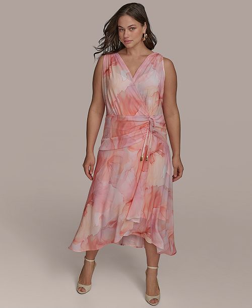 Donna Karan New York Plus Size Floral-Print Surplice Midi Dress Women's Fashion Shoes & Accessories