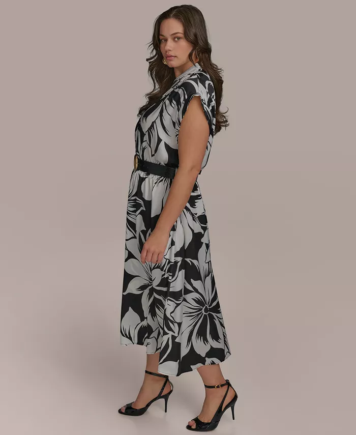 Donna Karan New York Plus Size Printed Belted A-Line Dress Women's Fashion Shoes & Accessories