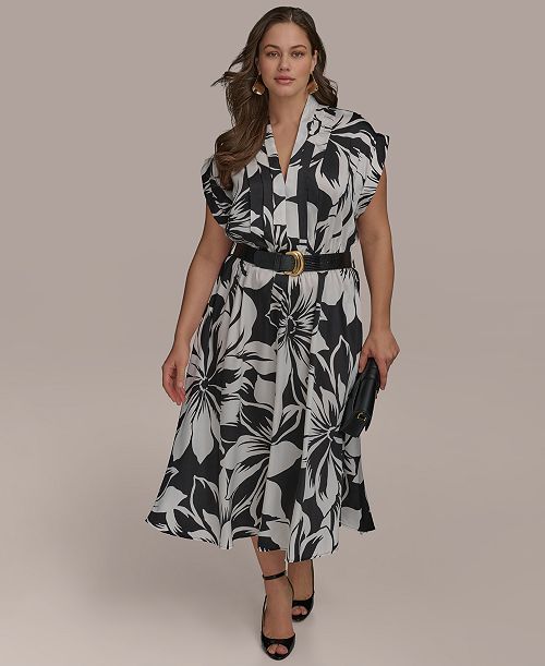 Donna Karan New York Plus Size Printed Belted A-Line Dress Women's Fashion Shoes & Accessories