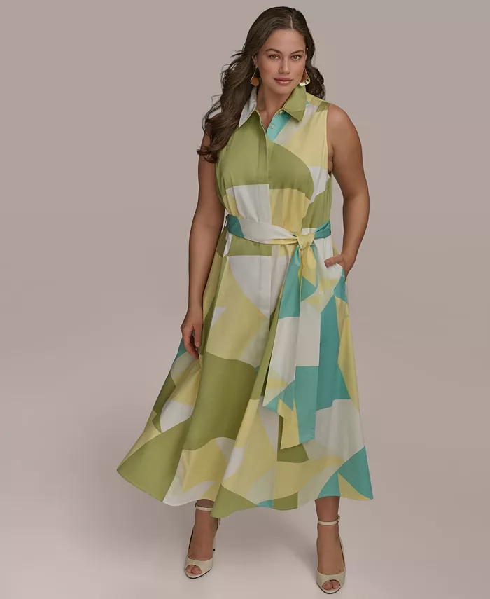 Donna Karan New York Plus Size Printed Tie-Waist Sleeveless Shirtdress Women's Fashion Shoes & Accessories