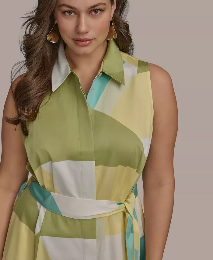 Donna Karan New York Plus Size Printed Tie-Waist Sleeveless Shirtdress Women's Fashion Shoes & Accessories