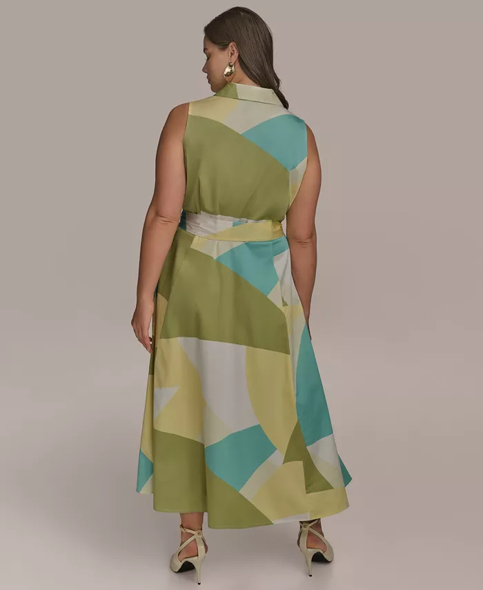 Donna Karan New York Plus Size Printed Tie-Waist Sleeveless Shirtdress Women's Fashion Shoes & Accessories