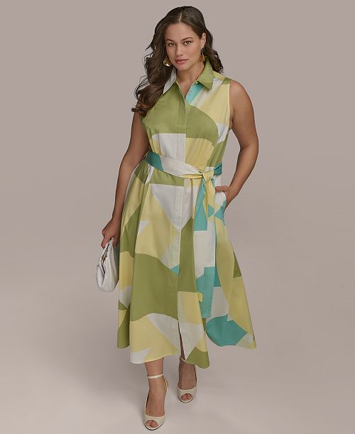 Donna Karan New York Plus Size Printed Tie-Waist Sleeveless Shirtdress Women's Fashion Shoes & Accessories