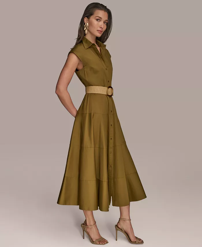 Donna Karan New York Women's Belted Cap-Sleeve Dress Women's Fashion Shoes & Accessories