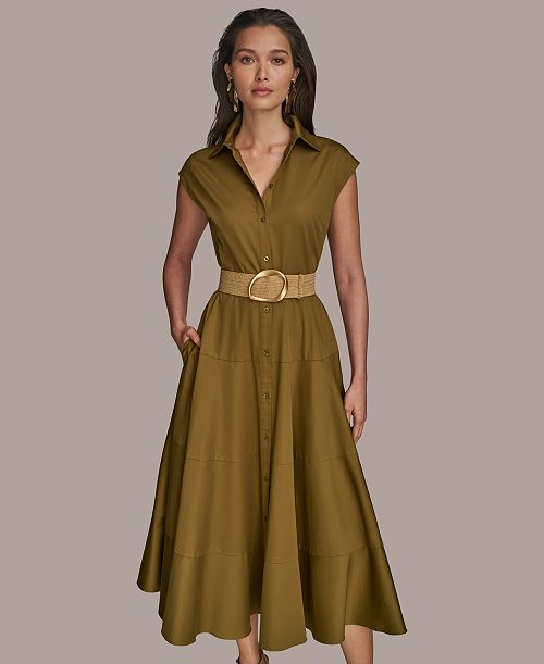Donna Karan New York Women's Belted Cap-Sleeve Dress Women's Fashion Shoes & Accessories