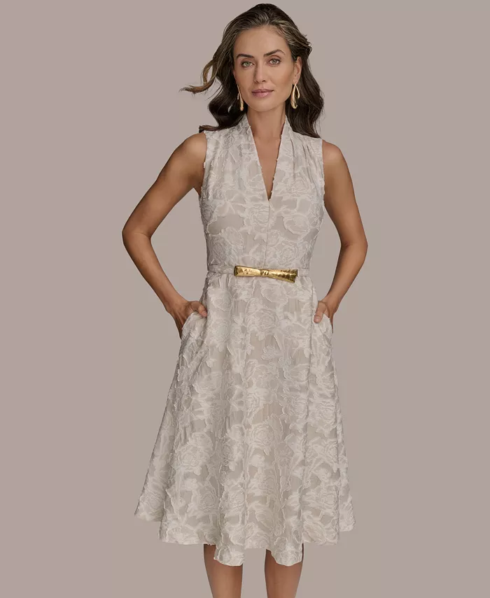 Donna Karan New York Women's Belted Jacquard Dress Women's Fashion Shoes & Accessories
