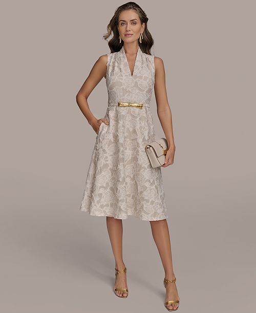 Donna Karan New York Women's Belted Jacquard Dress Women's Fashion Shoes & Accessories