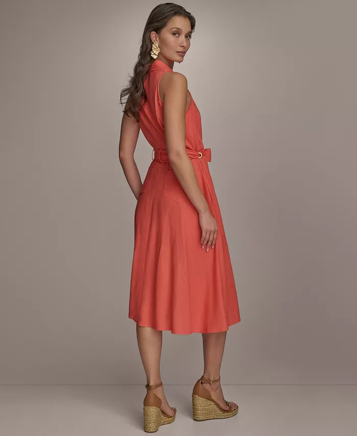 Donna Karan New York Women's Belted Linen Shirt Dress Women's Fashion Shoes & Accessories