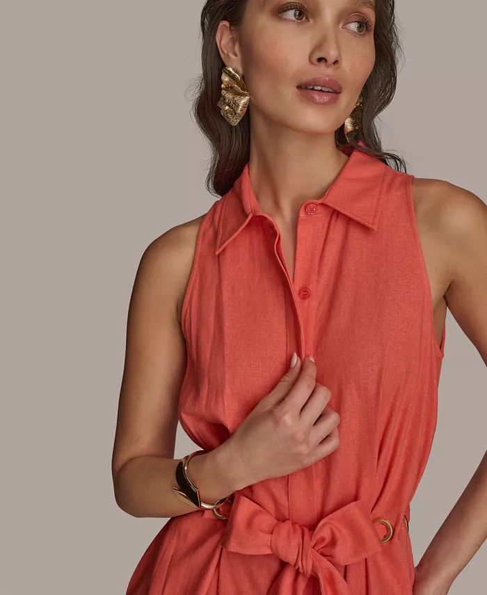 Donna Karan New York Women's Belted Linen Shirt Dress Women's Fashion Shoes & Accessories