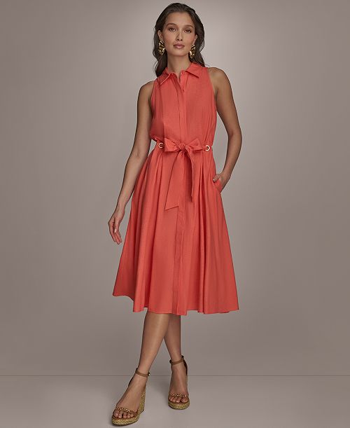 Donna Karan New York Women's Belted Linen Shirt Dress Women's Fashion Shoes & Accessories