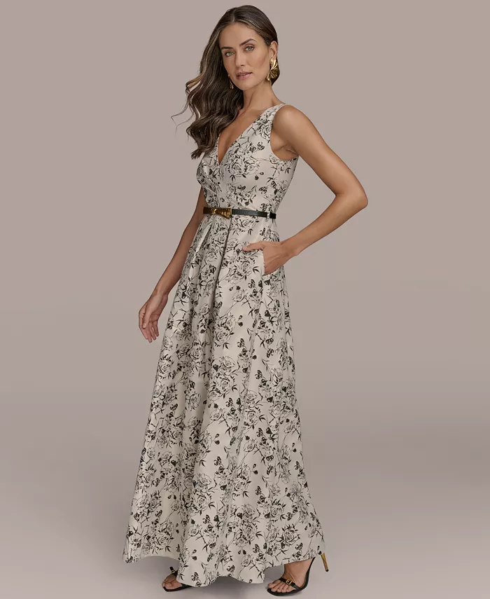 Donna Karan New York Women's Belted V-Neck Jacquard Ball Gown Women's Fashion Shoes & Accessories