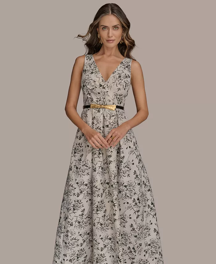 Donna Karan New York Women's Belted V-Neck Jacquard Ball Gown Women's Fashion Shoes & Accessories