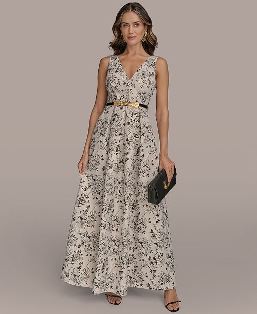 Donna Karan New York Women's Belted V-Neck Jacquard Ball Gown Women's Fashion Shoes & Accessories