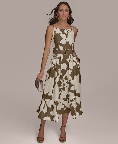 Donna Karan New York Women's Boat-Neck Linen Midi Dress Women's Fashion Shoes & Accessories