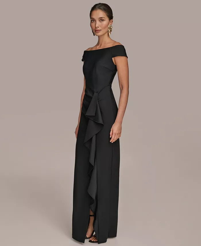 Donna Karan New York Women's Boat-neck Ruffle Slit Gown Women's Fashion Shoes & Accessories