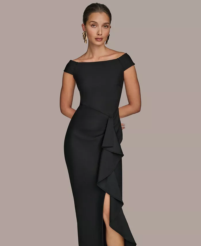 Donna Karan New York Women's Boat-neck Ruffle Slit Gown Women's Fashion Shoes & Accessories