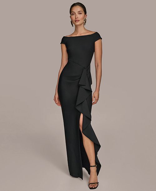 Donna Karan New York Women's Boat-neck Ruffle Slit Gown Women's Fashion Shoes & Accessories