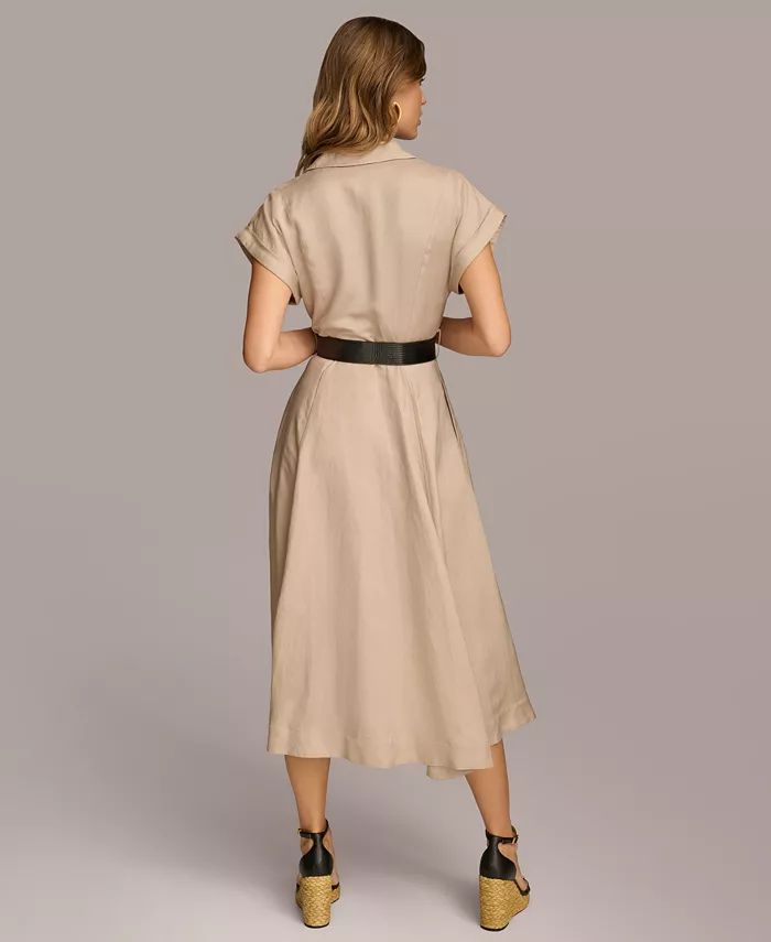 Donna Karan New York Women's Button-Front Short-Sleeve Midi Belted Dress Women's Fashion Shoes & Accessories