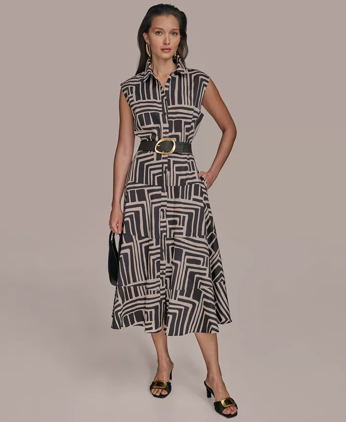 Donna Karan New York Women's Cap Sleeve Printed Shirt Dress Women's Fashion Shoes & Accessories