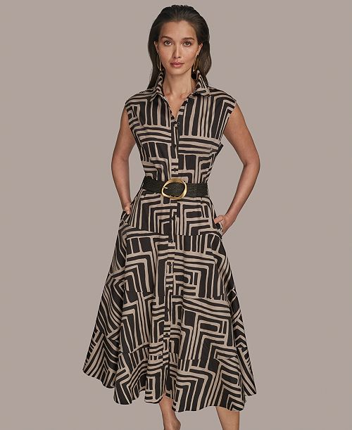 Donna Karan New York Women's Cap Sleeve Printed Shirt Dress Women's Fashion Shoes & Accessories