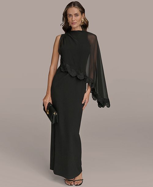 Donna Karan New York Women's Chiffon-Cape-Overlay Gown Women's Fashion Shoes & Accessories