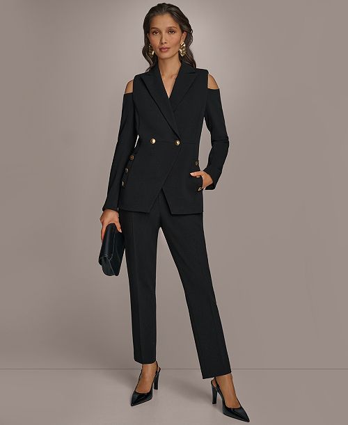 Donna Karan New York Women's Cold Shoulder Blazer & Slim Leg Pants Women's Fashion Shoes & Accessories
