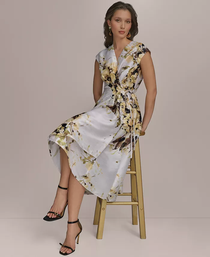 Donna Karan New York Women's Floral Faux-Wrap Midi Dress Women's Fashion Shoes & Accessories