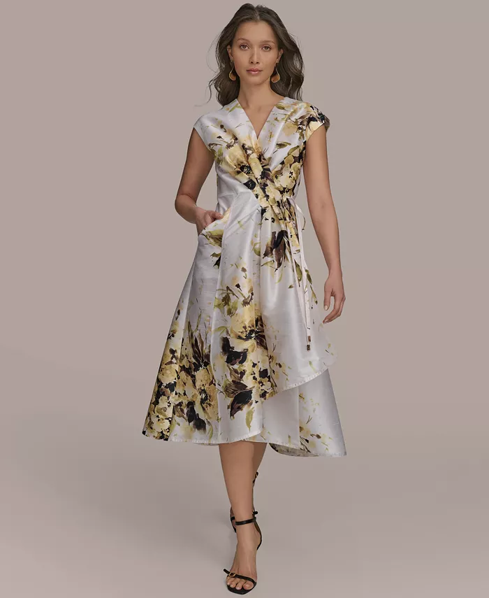 Donna Karan New York Women's Floral Faux-Wrap Midi Dress Women's Fashion Shoes & Accessories