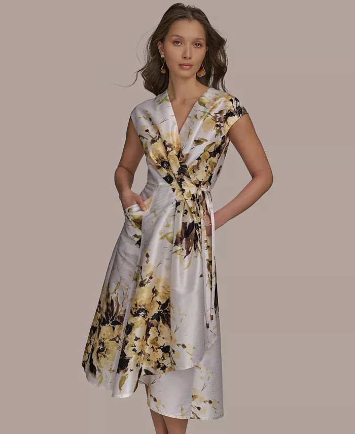 Donna Karan New York Women's Floral Faux-Wrap Midi Dress Women's Fashion Shoes & Accessories