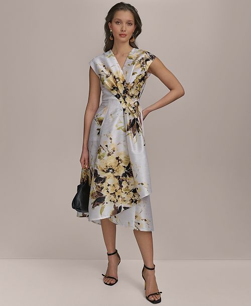 Donna Karan New York Women's Floral Faux-Wrap Midi Dress Women's Fashion Shoes & Accessories
