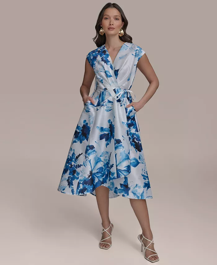 Donna Karan New York Women's Floral-Print Tie-Waist Midi Dress Women's Fashion Shoes & Accessories