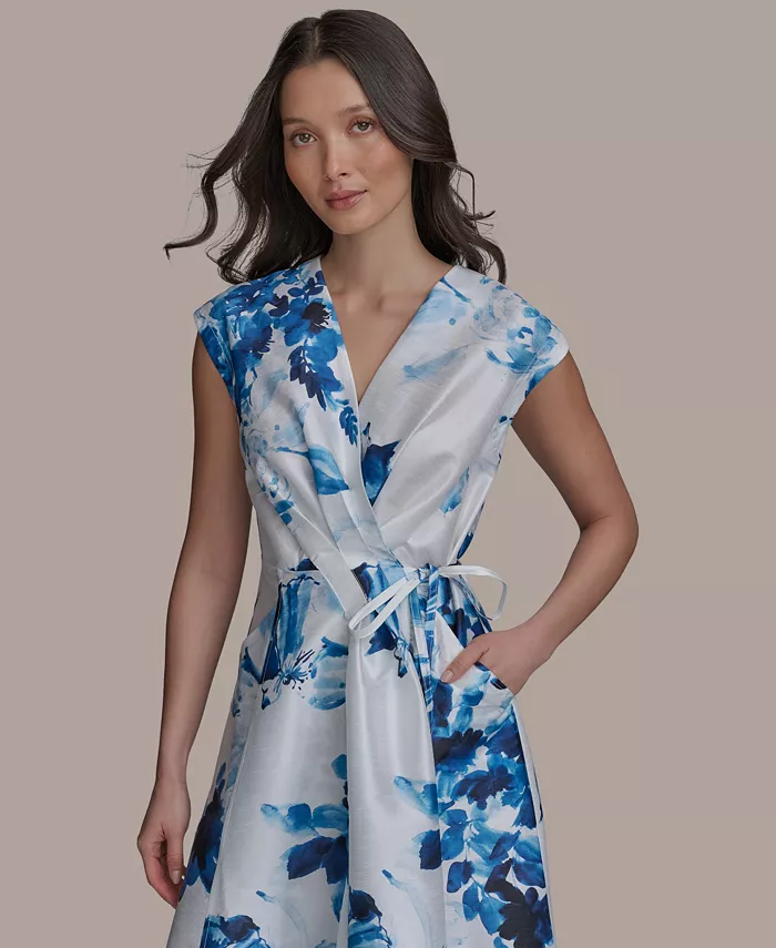 Donna Karan New York Women's Floral-Print Tie-Waist Midi Dress Women's Fashion Shoes & Accessories