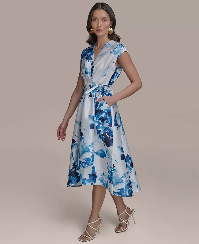 Donna Karan New York Women's Floral-Print Tie-Waist Midi Dress Women's Fashion Shoes & Accessories