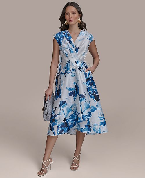 Donna Karan New York Women's Floral-Print Tie-Waist Midi Dress Women's Fashion Shoes & Accessories