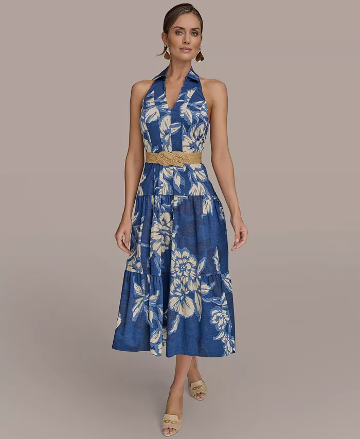 Donna Karan New York Women's Halter Belted Midi Dress Women's Fashion Shoes & Accessories