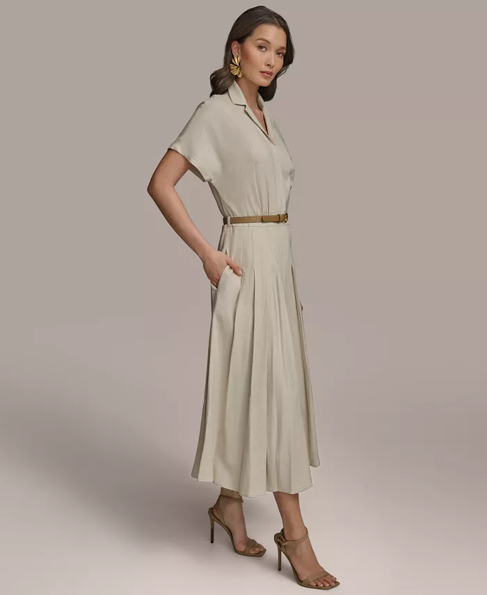 Donna Karan New York Women's Linen-Blend Belted Shirtdress Women's Fashion Shoes & Accessories